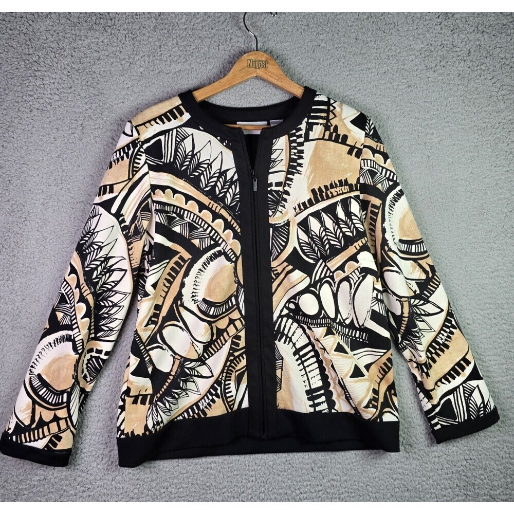 Alfred Dunner Womens Zip Jacket 10 Black Tan Abstract Print Soft Stretch Unlined